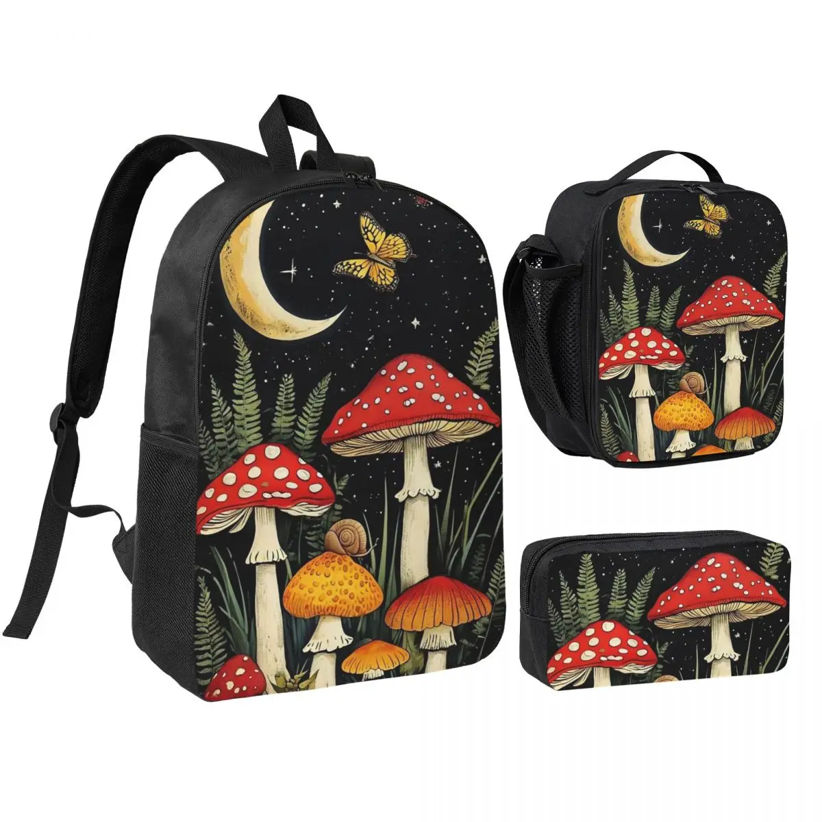 Mushroom Butterfly And Plant Pattern Backpack Boys Girls BookBag School Bag Shoulder Bags 3ps Insulated Lunch Bag Pencil Case