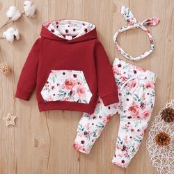 2PC Female baby Hooded Flower Long Sleeved Top+Printed Pants+Bow Headband 0-18 Months Baby Girl Autumn Sports and Leisure Set