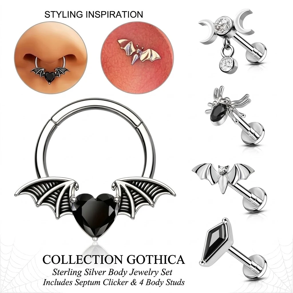 5Pcs Gothic Halloween Piercing Set 316L Steel Bat Septum Cartilage Hoop Spider Moon Lip Ear Studs