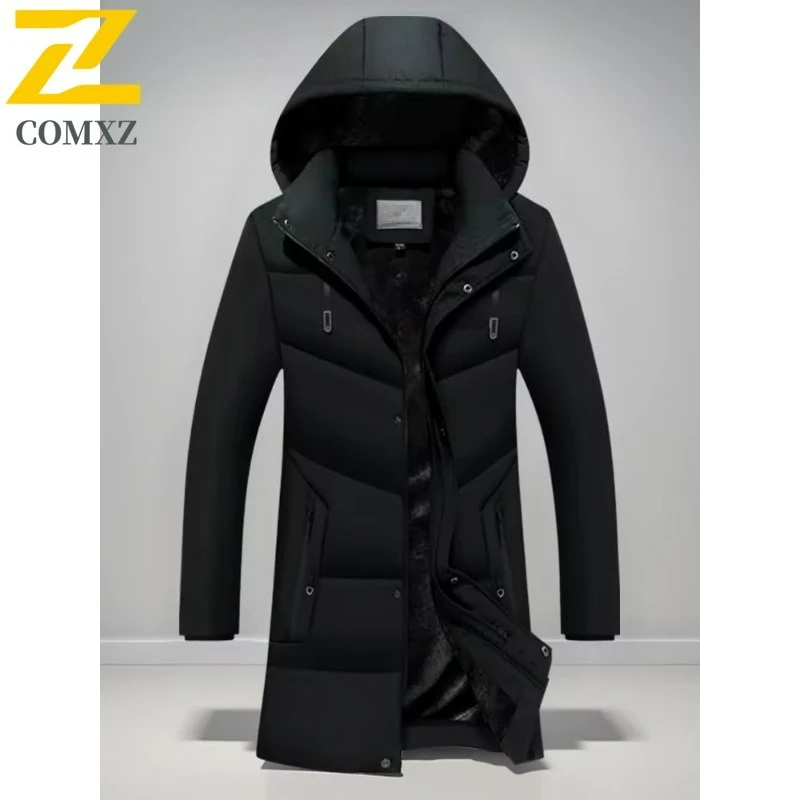 

COMXZ Мужская длинная стеганая куртка, повседневная офисная легкая куртка с капюшоном, модная дорожная теплая зимняя парка длиной до колена