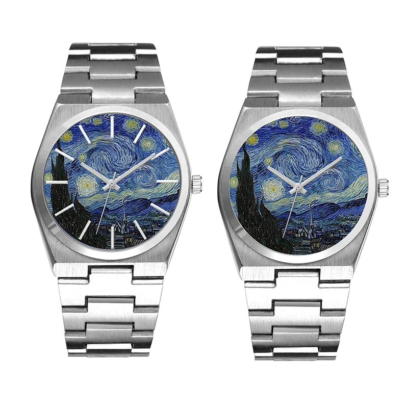 Van Gogh Oil Painting Men Watches Silver Tone Starry Night Quartz Movement Stainless Steel Watch for Man Jewelry Gift