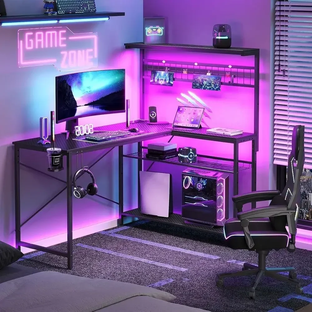 51 L-Shaped Gaming Desk with Power Outlets, LED Lights, 4 Tier Shelves, Reversible Table, Hooks & Cup Holder in Carbon Fiber Bla
