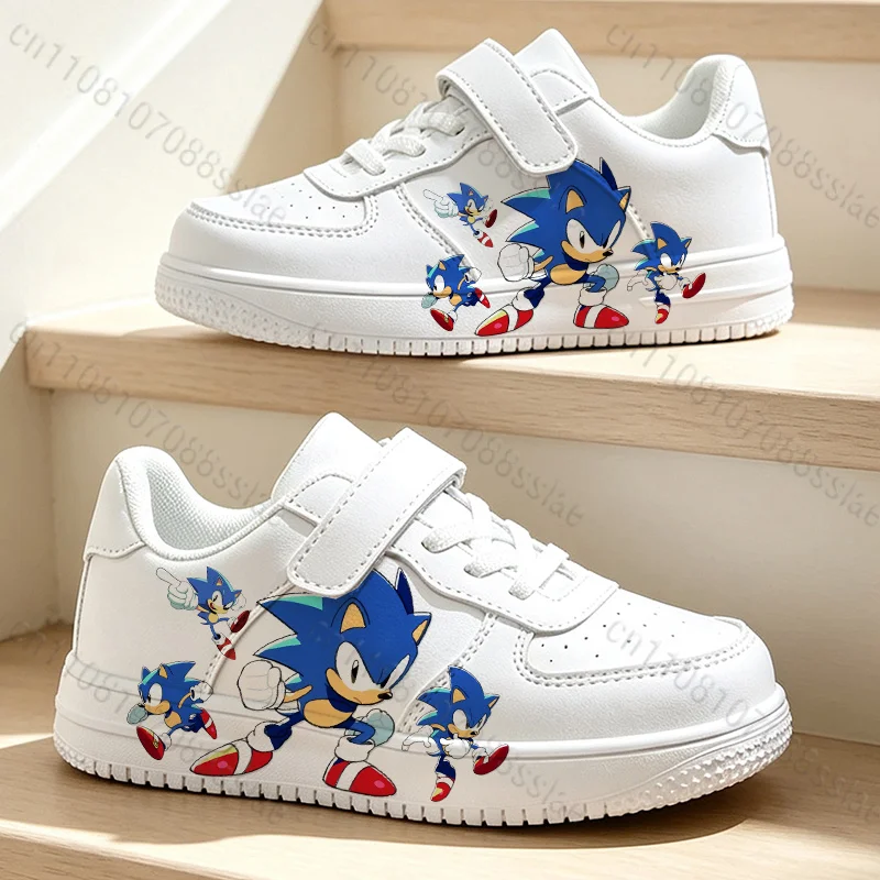 S-Sonics Cute Cartoon Character Print Kids White Shoes Boys Light Non‑Slip Running Shoes for Daily Walking Gift for Him