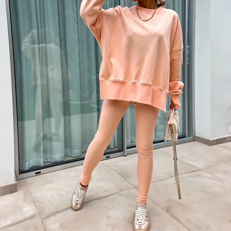 

Модный пуловер с круглым вырезом и длинные брюки, женский повседневный комплект с длинным рукавом, свободный комплект из 2 предметов, элегантный свитшот 2024, однотонные спортивные костюмы