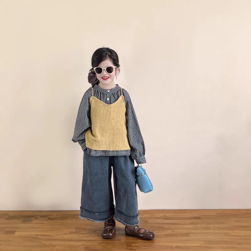 

Girls Set 2025 Autumn Korean Style Black White Plaid Shirt Yellow Knit Tank Top Loose Wide Leg Jeans Three Piece Set