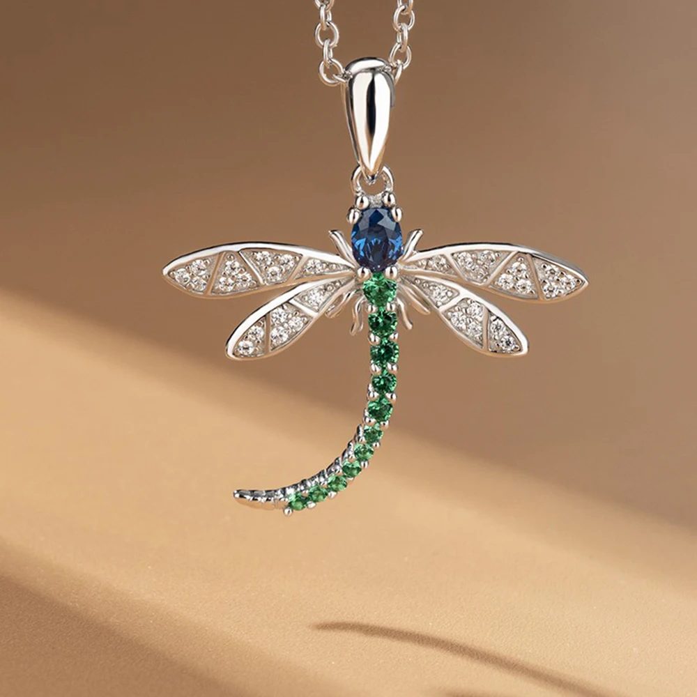 Huitan Fashion Dragonfly Shaped Pendant Necklace for Women Inlaid Colorful Cubic Zirconia Exquisite Girls Jewelry Party Gifts