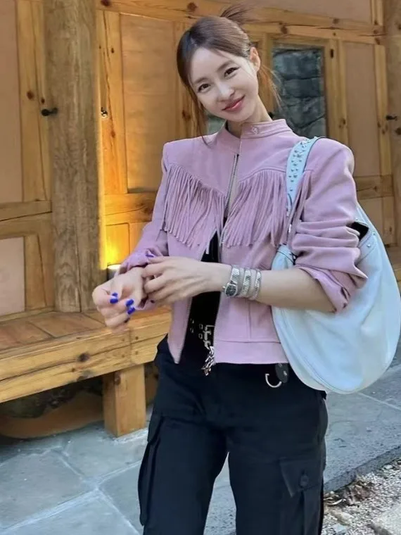 

Casual Faion ort Leather Jaet Women's Autumn New Sle 2025 Slimming Stand Collar Tassel Design Versatile Sli Jaet