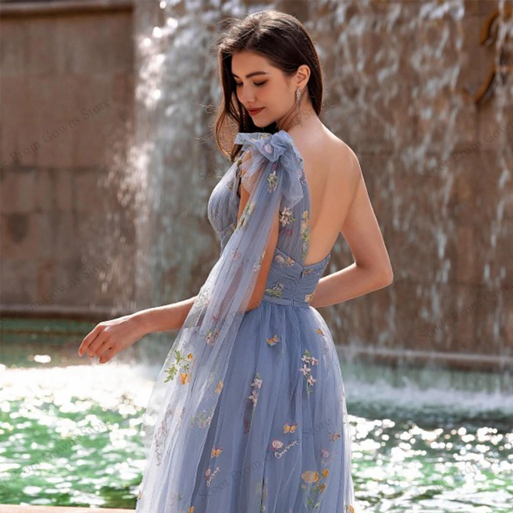 Blue Soft Tulle Evening Dresses for Women 2025 Customized One Sleeve Prom Gowns with Applique New Soft Tulle Robe De Soirée