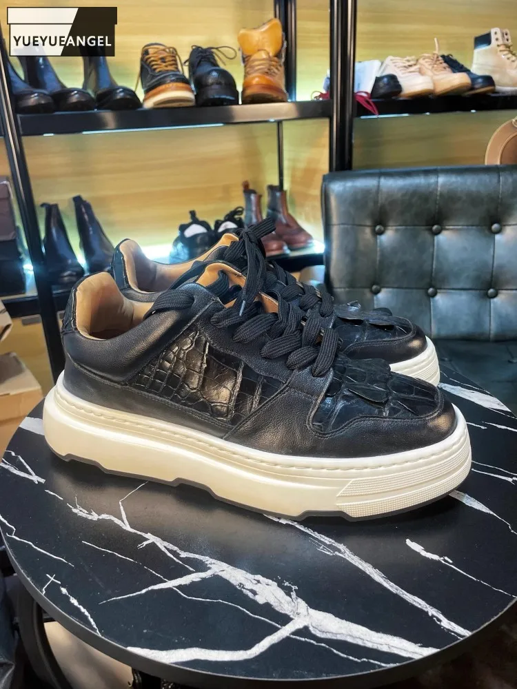 High Quality Crocodile Skin Mens Casual Shoes Handmade Genuine Leather Sneakers Lace Up Round Toe Platform Skateboard Shoes New
