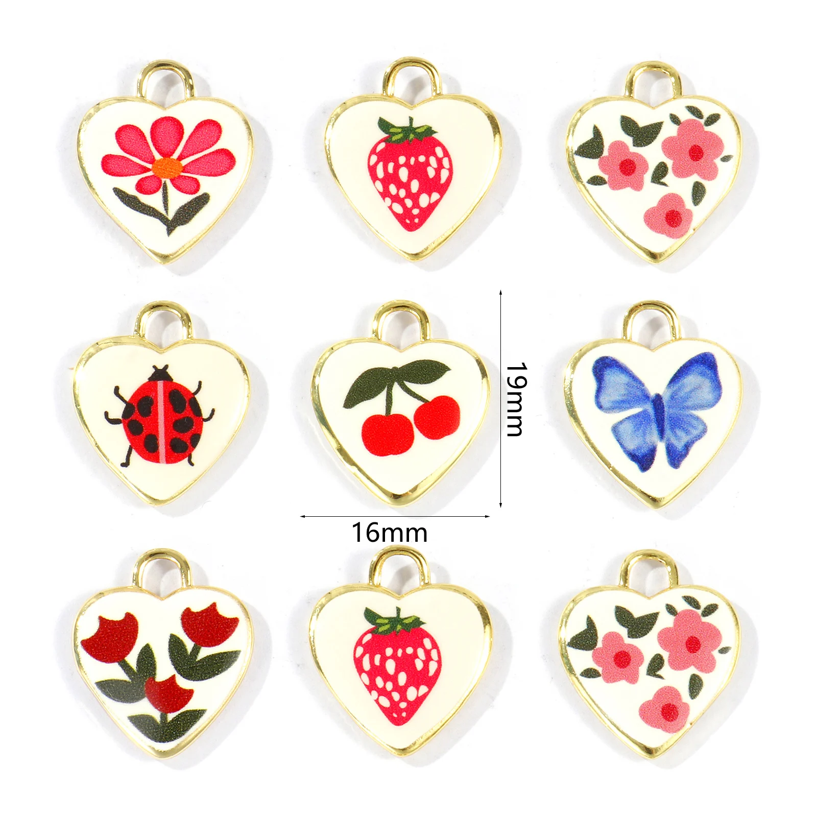 2pcs Brass Charms 18K Gold Plated Valentine's Day Heart Multicolor Flower Strawberry Printed Pendants DIY Women Necklace Jewelry