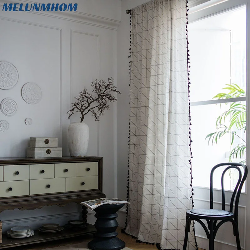 

Melunmhom White Geometric Printed Curtains Panel with Tassels for Living Room Bedroom Small Window Kitchen Cotton Linen Semi-sha