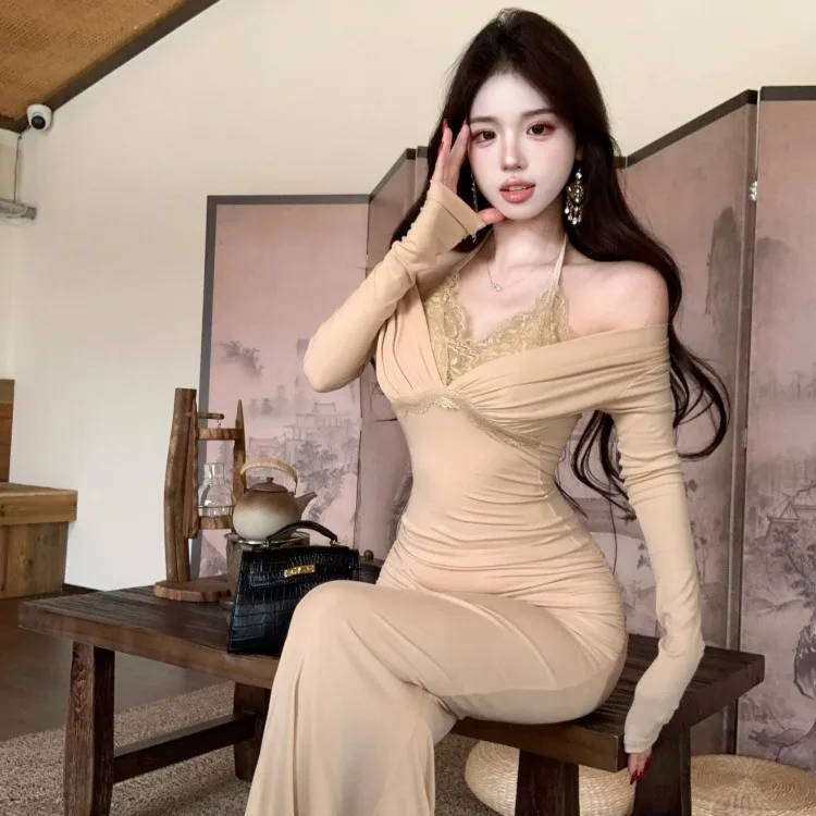 Spicy Girl Lace Patchwork Fake 2-Piece Long Sve T-irt Top High Waist Pleated Wrap f Skirt Long Autumn Winter Set Women