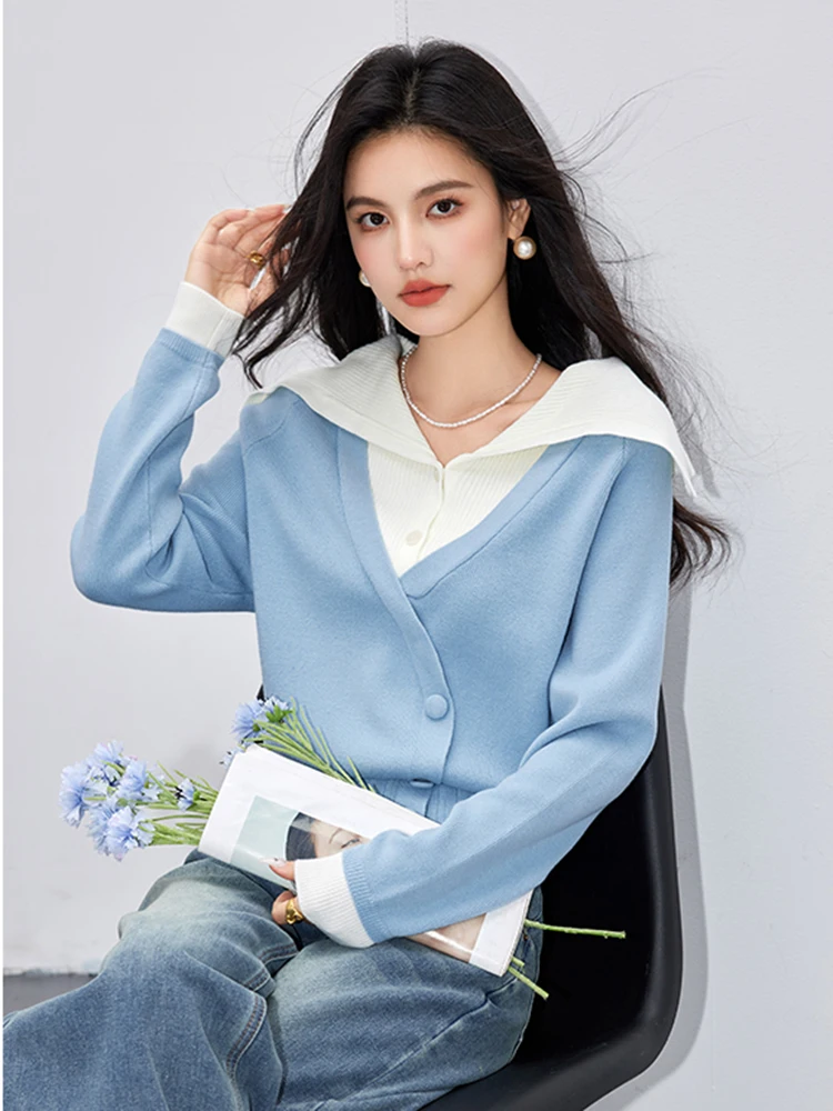 Fake Two-piece Sweater Autumn Winter Korean Loose Pullover Knitted Top Fashion Patchwork Contrasting Color Sweater