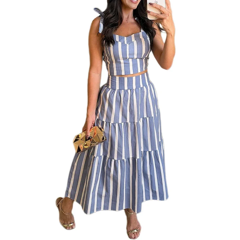 LIBIELIY Fashion Commuting Pleated Women Suits Sexy Off Shoulder Bow Tie-up Sling Top & Long Skirt Set ELegant Striped Print 2P