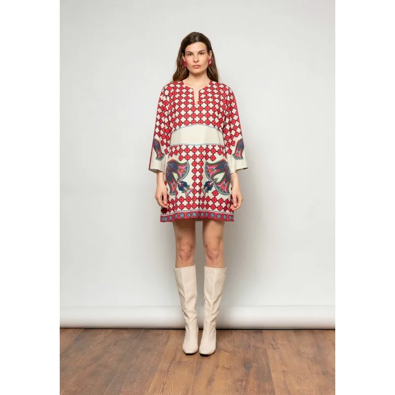 Minivestido étnico holgado con estampado para mujer, bohemio, elegante, de manga larga, con cuello en V, fluido, bohemio, para playa