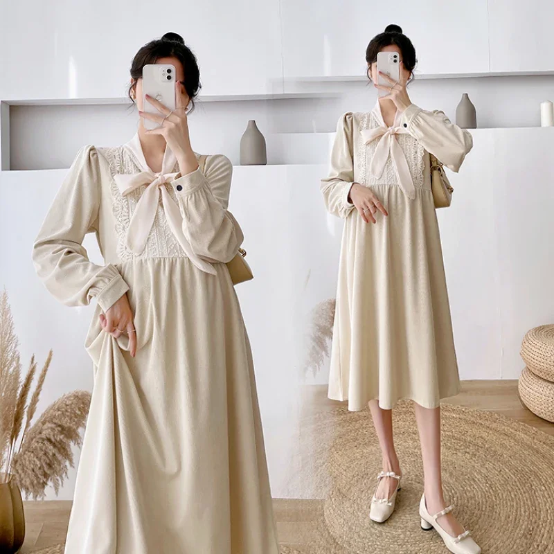 9886# 2023 Autumn Winter Korean Fashion Corduroy Maternity Long Dress Elegant A line Loose Clothes for Pregnant Women Pregnancy