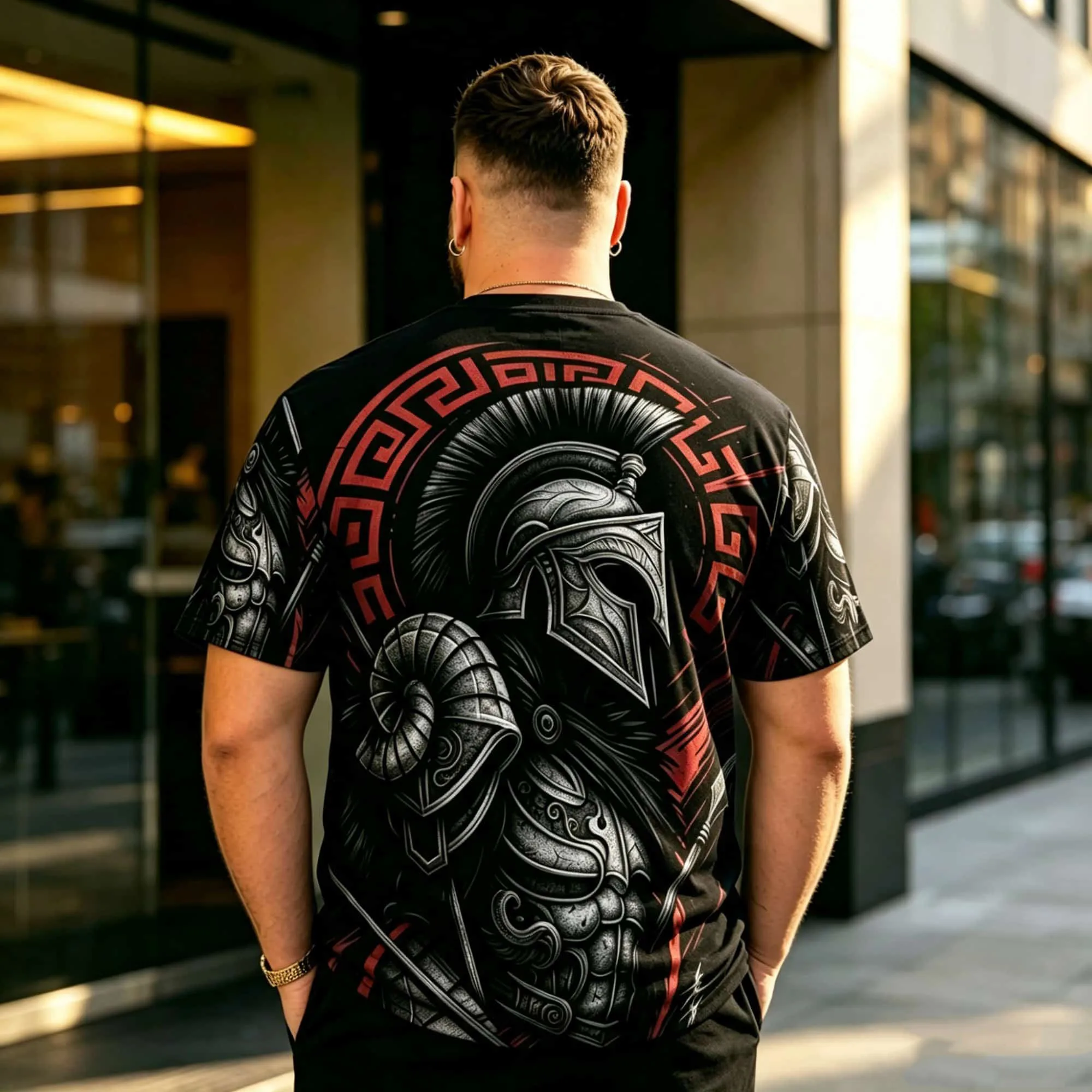 Men Black Short Sleeve T-Shirt Spartan Warrior Helmet Greek Border Print Vintage Gothic Oversized Casual Street Tee