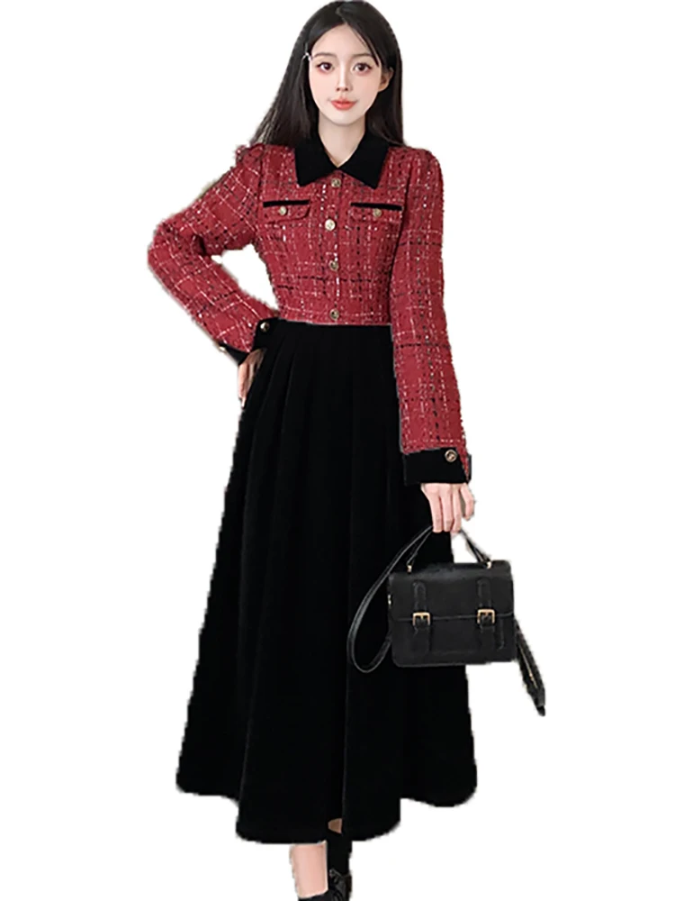 Women Red Plaid Patchwork Black Velvet Fake Two Piece Dress 2024 Korean Elegant Casual Home Dress Autumn Winter Bodycon Vestidos