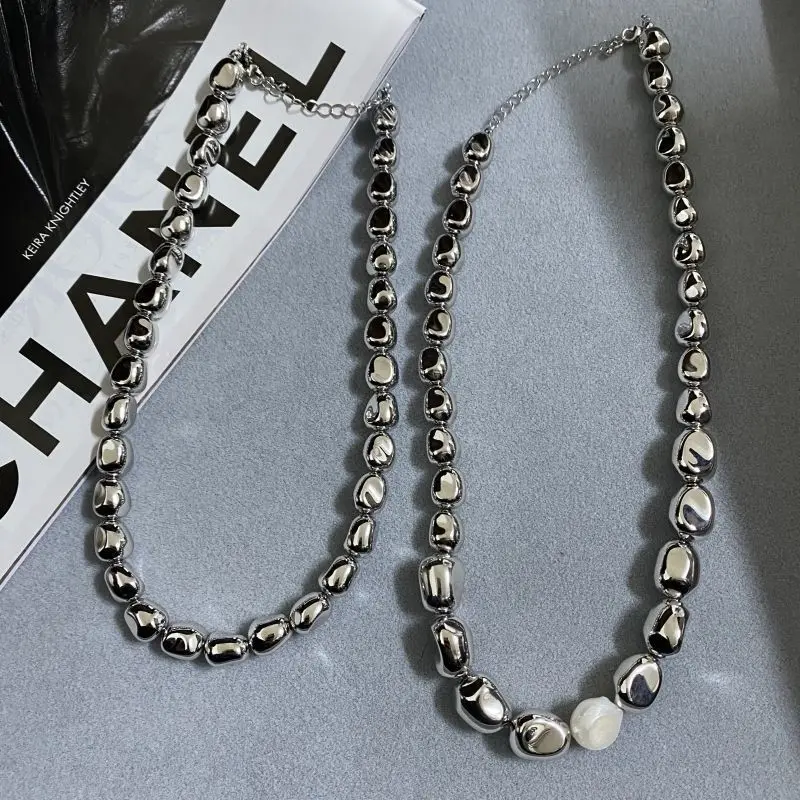 Retro Punk Style Irregularity Baroque Pearl Necklace for Women Y2k Accessories Stainless Steel Beaded Choker Hip Hop Jewelry