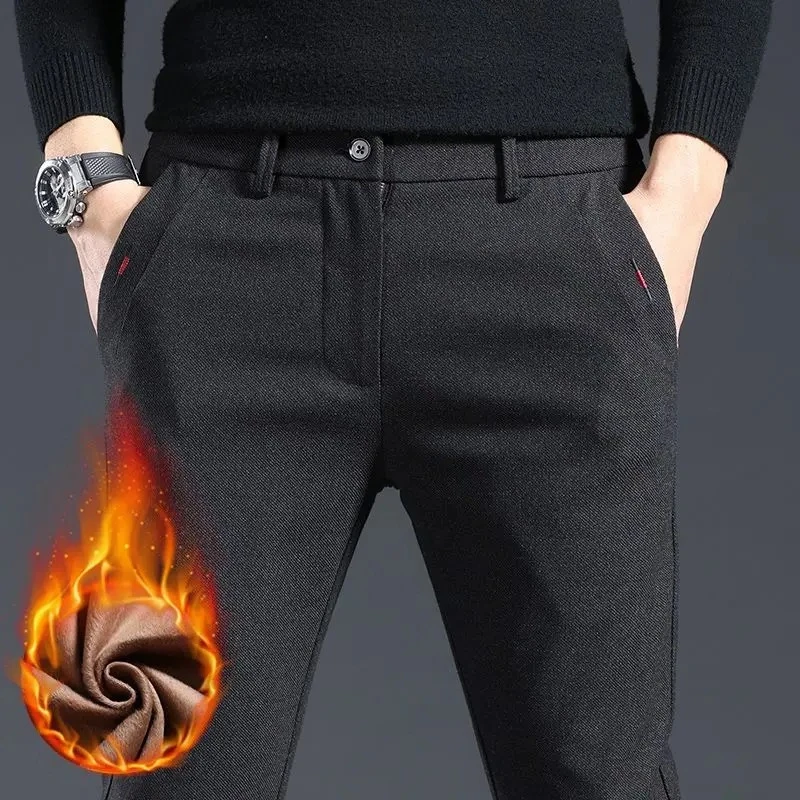 Men Winter Smart Casual Snow Warm Plush Suit Pants Male Fleece Lined Thickened Blazer Pants Breathable Cold Protection Trousers