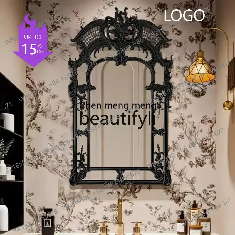 xx1Black French carved makeup mirror, neoclassical bathroom mirror sink, wall-mounted decorative mirror