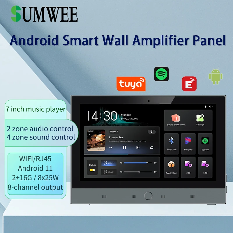 7 Inch touch screen Android wifi 2 zone audio in wall amplifier 8x25W sound tuya smart home control panle bluetooth music player