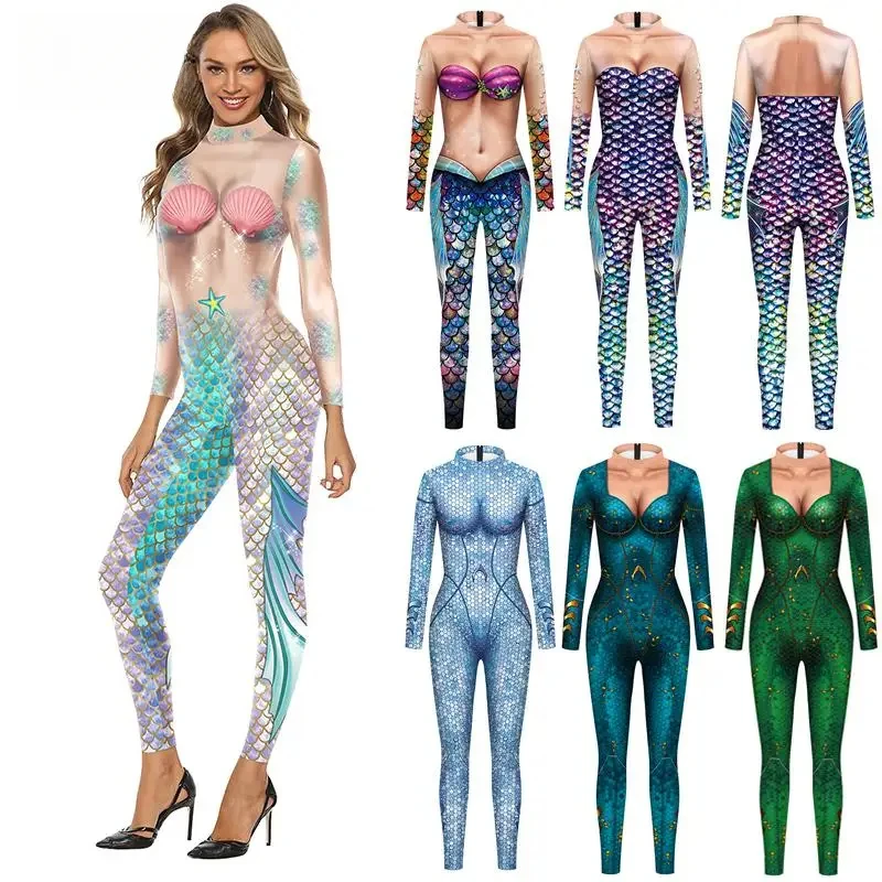 Женский красочный комбинезон русалки на Хэллоуин, карнавальный костюм, боди с рисунком рыбьей чешуи, сверкающий комбинезон, вечерние наряды из фильма