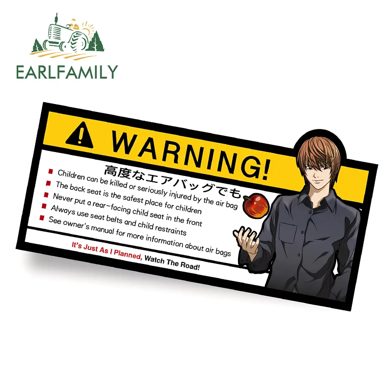 EARLFAMILY 13cm x 7cm Yagami Light Car Sticker Death Book Warning Watch The Road Decal It's Just As I Planned Airbag Stickers