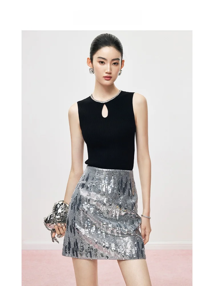 

MandyZhang Sparkling Heavyweight Diamond Embellied Slim Fit Knitted Vest Women's Summer Versatile Faion round Ne Hollow...