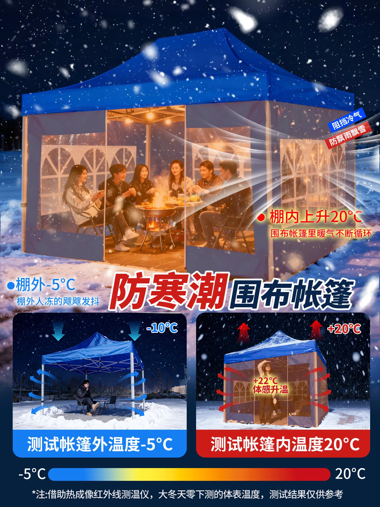 In winter, outdoor tents are set up with four-legged umbrellas to protect against the cold, wind and sun, thickened transparent