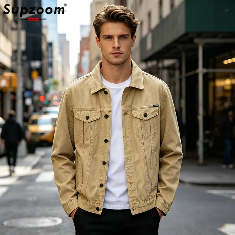 

Supzoom Новинка: Модная мужская повседневная джинсовая куртка-бомбер из хлопка с отложным воротником, однобортная, однотонная, укороченная