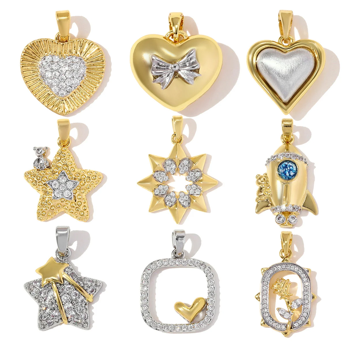 3pcs/Lot Shiny Two Tone Heart Star Rose Flower DIY Necklace Pendant Wholesale Women Fashion Zircon Rocket Bowknot Jewelry Charms