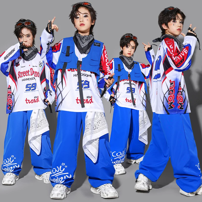 

New Kid Street Dance Clothing Children Hip Hop Performance Outfit Blue Pants Casual Top Jazz Outfit Urban Dance Clothes AMY2926