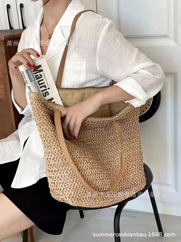 New Fashion Grass Woven One Color Storage Bags Women's  Leisure  One Shoulder Woven Beach Bag Hosehold Supermarket Shopping Bags