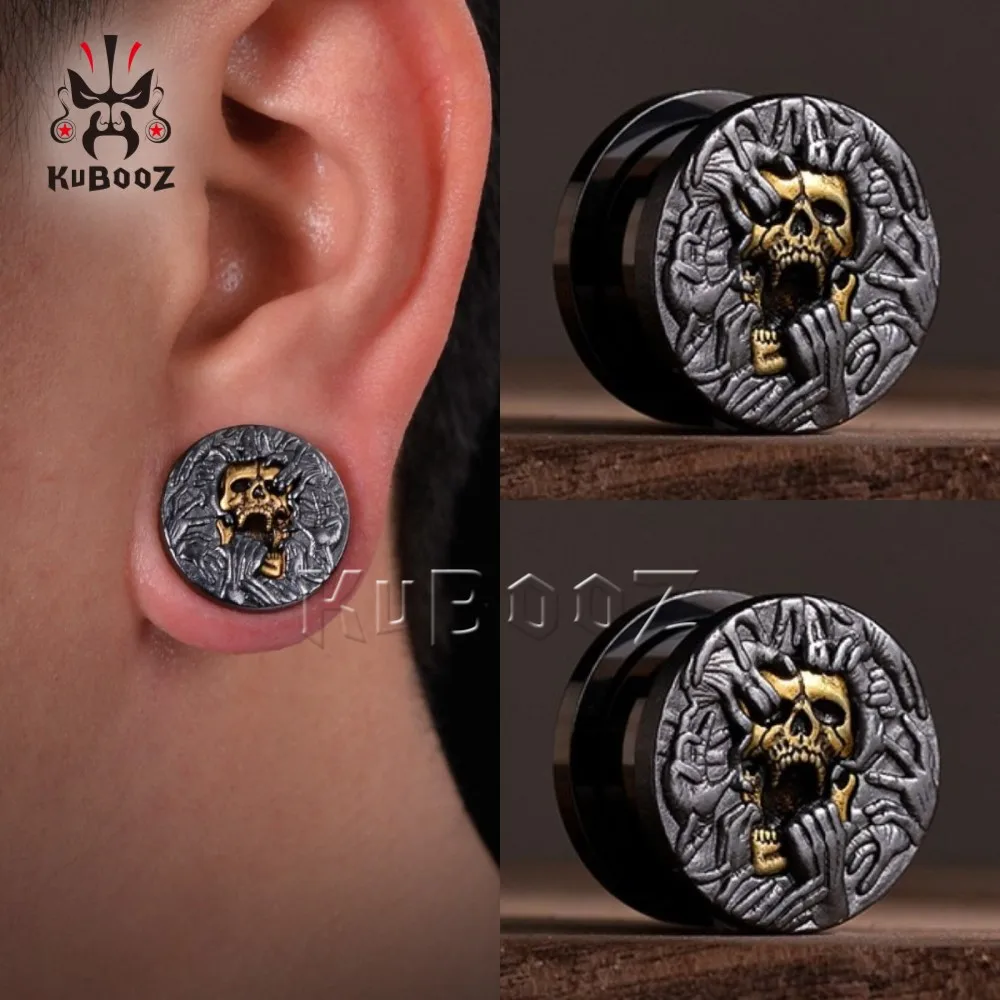 KUBOOZ Fashion Stainless Steel Skull Hand Ear Tunnels Gauges Screw Expanders Body Piercing Jewelry Plugs Earring Stretchers 2PCS