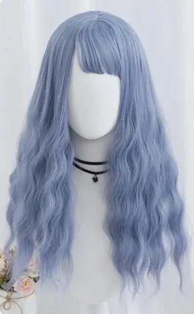 Wig Lolita sintetis wanita, rambut palsu panjang ungu biru Greeen rambut Cosplay dengan poni temperatur tinggi