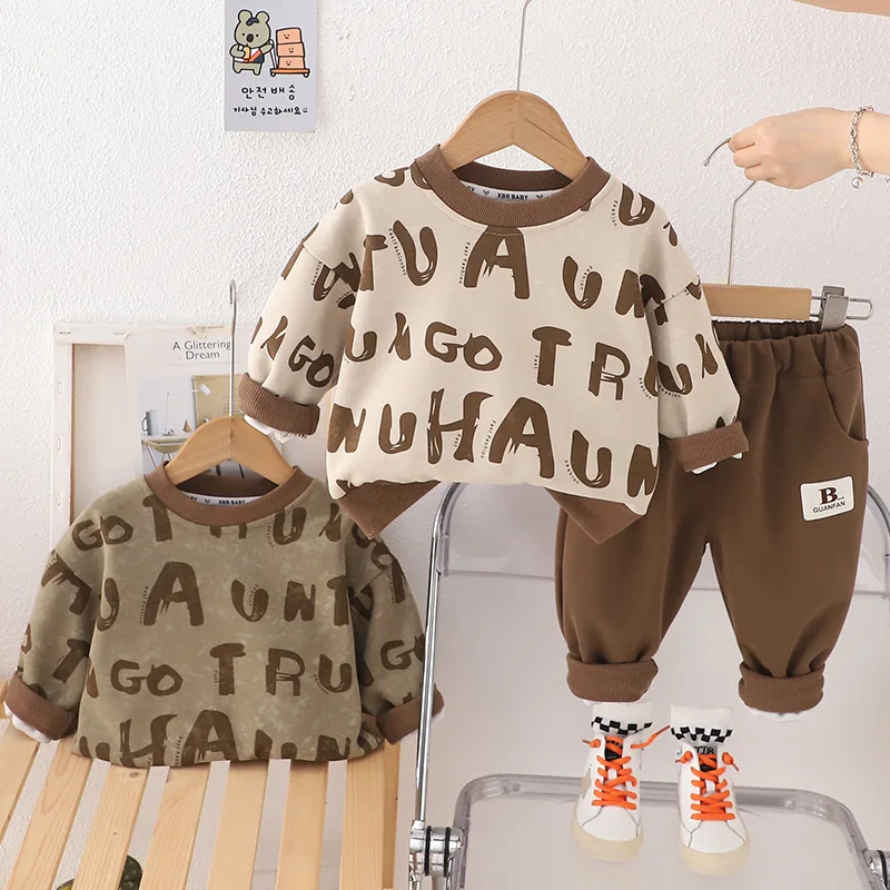 Spring Autumn 2024 Children Boys 2PCS Clothes Set Letter Printed Pullovers Solid Sticker Pants Suit Toddler Boys Outfits