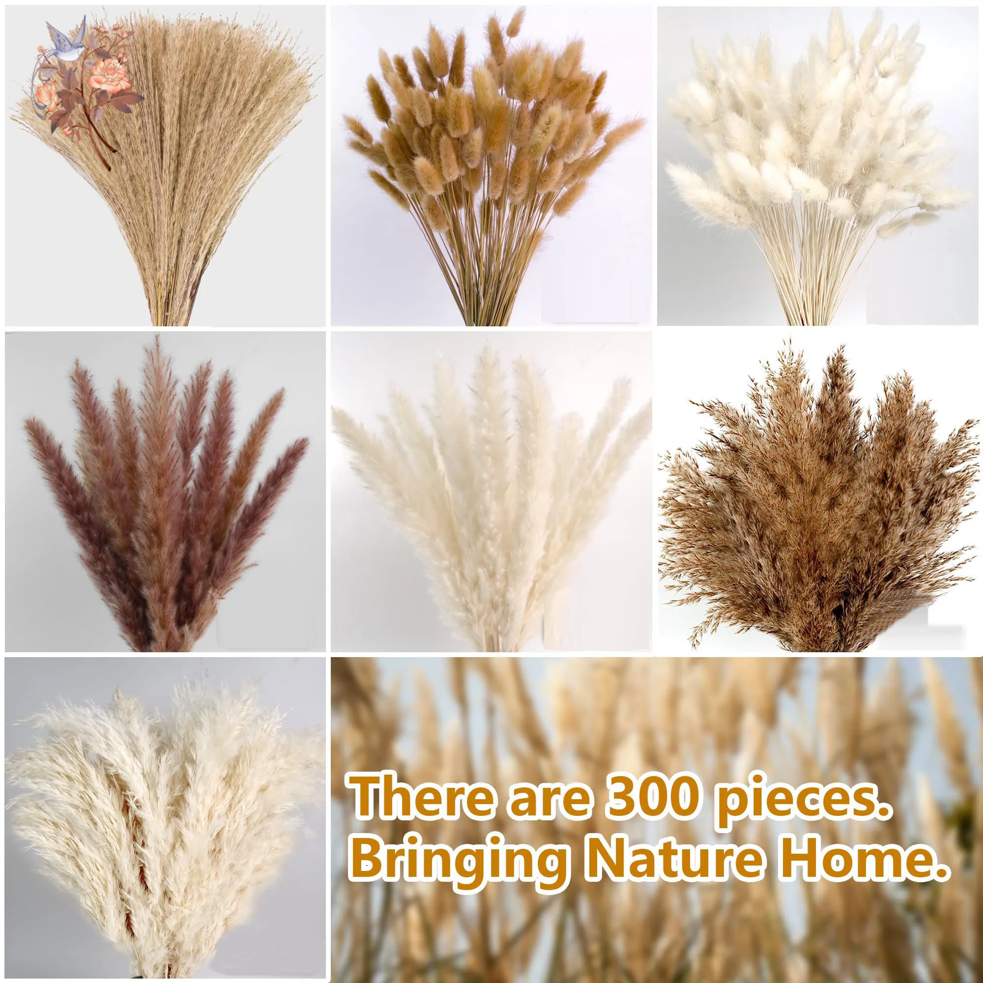 300 Stück natürliche große Pampasgras-Trockenblumensträuße für Hochzeit, Herzstück, Tisch, modernes Zuhause, westliches Wohnzimmer, Boho-Dekor