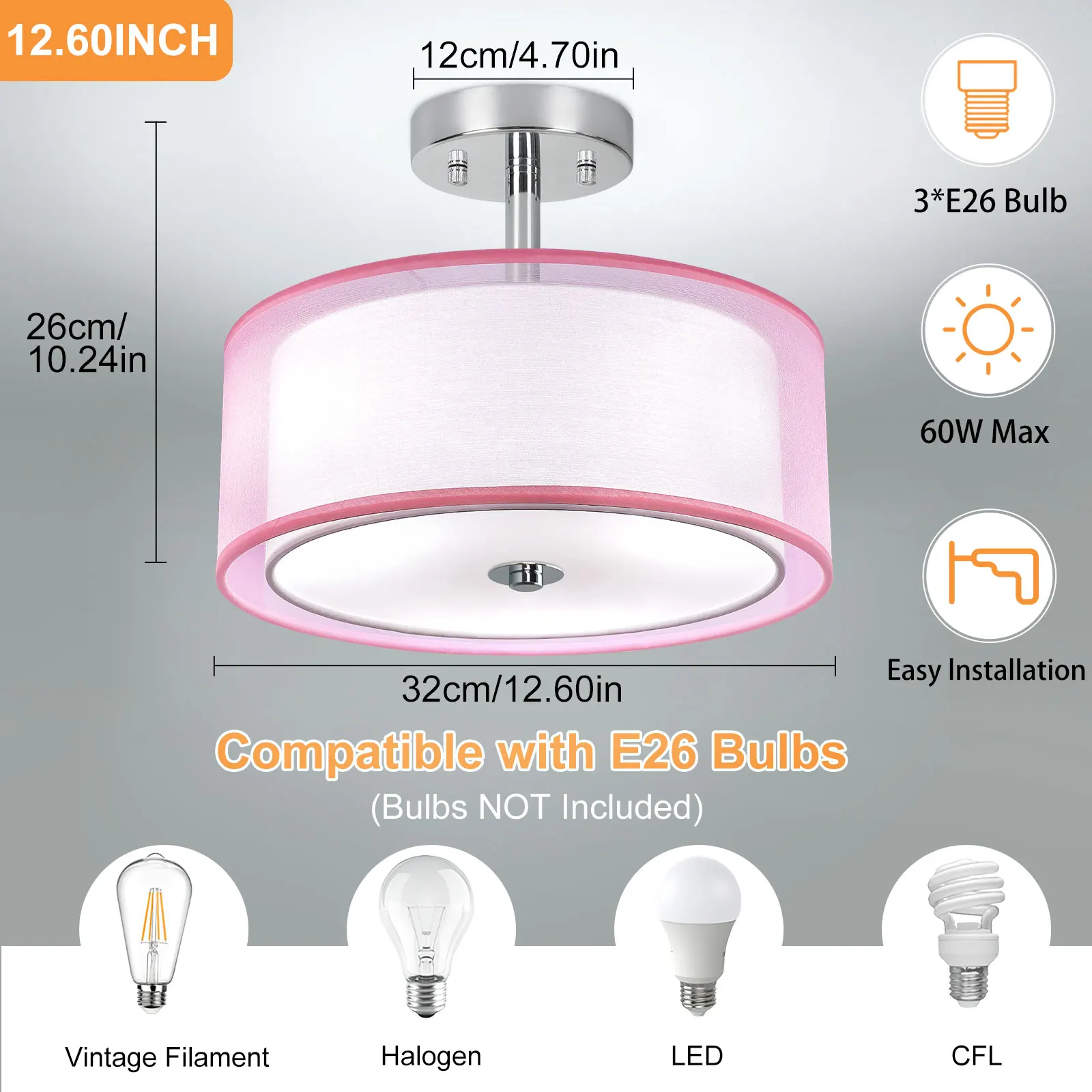 32cm/13inch 3-Light Semi Flush Mount Ceiling Light Fixtures Drum Pendant Light Dual-layer Fabric Lamp Shade for Children Bedroom