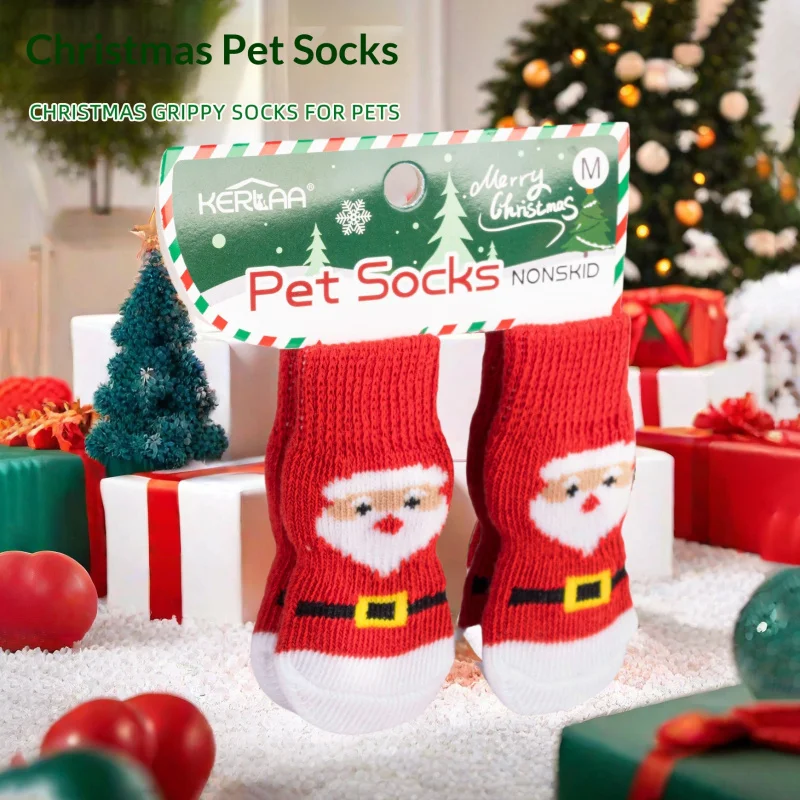 

Christmas Pet Socks - Non-Slip Grippy Soles with Elastic Cuff, Holiday Themed Anti-Skid Dog Socks for Indoor Use (CE Certified)
