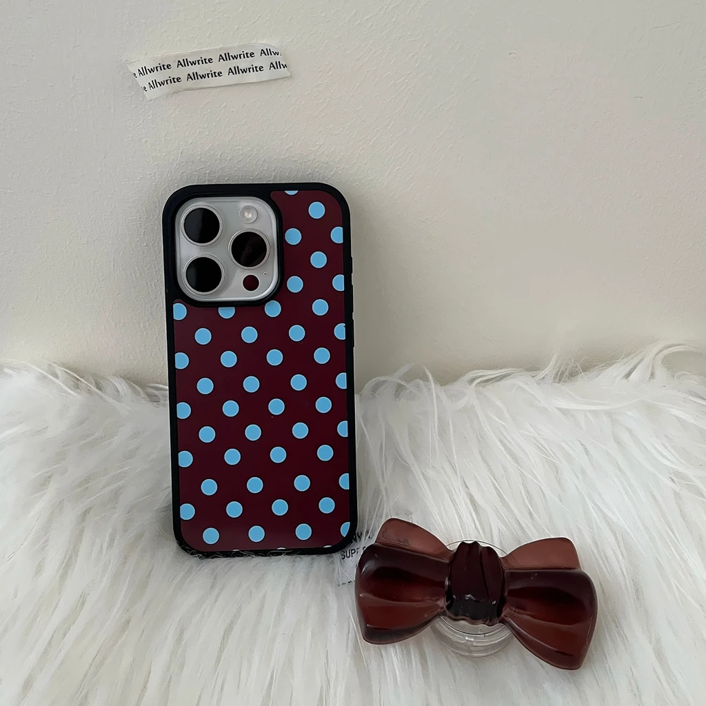 ريترو بسيط الأزرق موجة نقطة البني Bowknot مع حامل للصدمات واقية غطاء الهاتف آيفون 17 16 15 14 برو ماكس