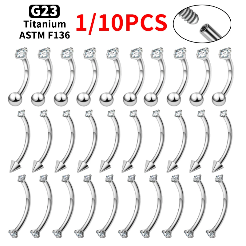 1/10pcs G23 Titanium Eyebrow Piercing 16G Internally Threaded CZ Curved barbell Labret Hypoallergenic Navel Piercing Jewelry