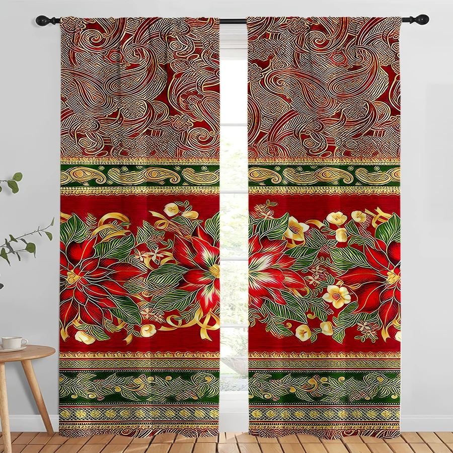 2PCS Christmas Digital Print Curtains, Red Gold Poinsettia Ornate Traditional, Elegant for Living Room Bedroom Window Decor