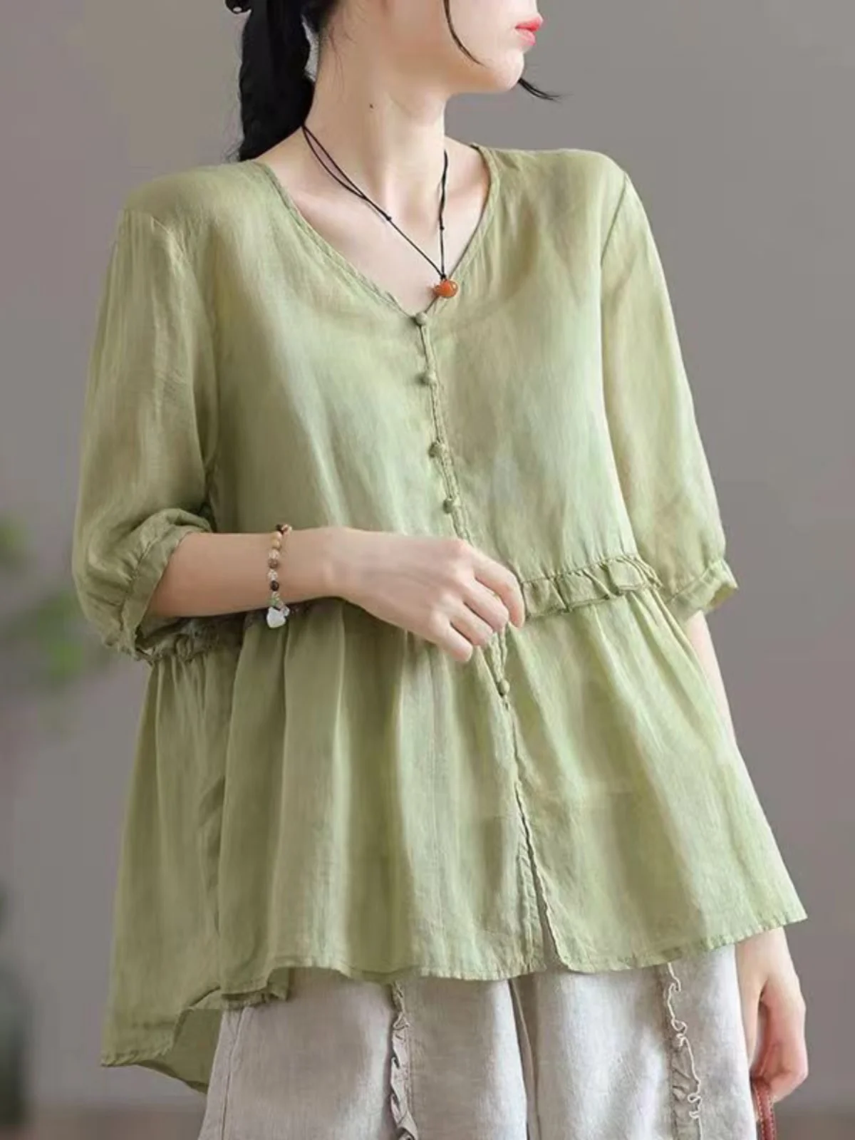 Faionable artístico algodón lino f Sve irt Thin V Ne Overhead talla grande mujer verano Casual Top holgado