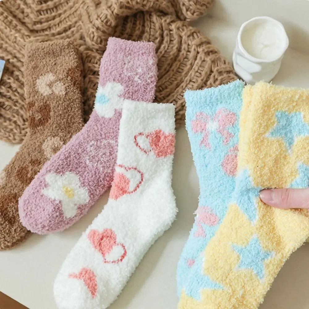 

5Pairs Sweet Star Coral Fleece Socks Flower Plush Slipper Tube Socks Kawaii Cartoon Women Mid-calf Socks Gifts