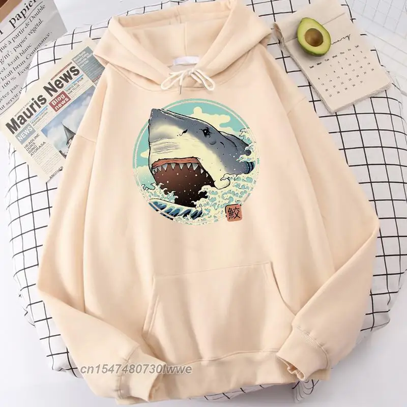 Ukiyoe Japanese Style Shark Painting Print Mens Hooded Loose Man / Lady Soft Streetwear High Quality Males Sweatshirt