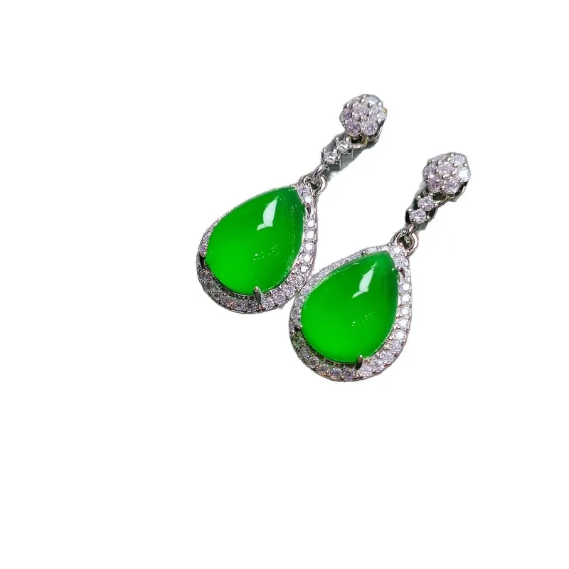 Chinese-style inlaid jadeite green chalcedony drop earrings, new Chinese-style pink chalcedony stud earrings, new Chinese-style 4