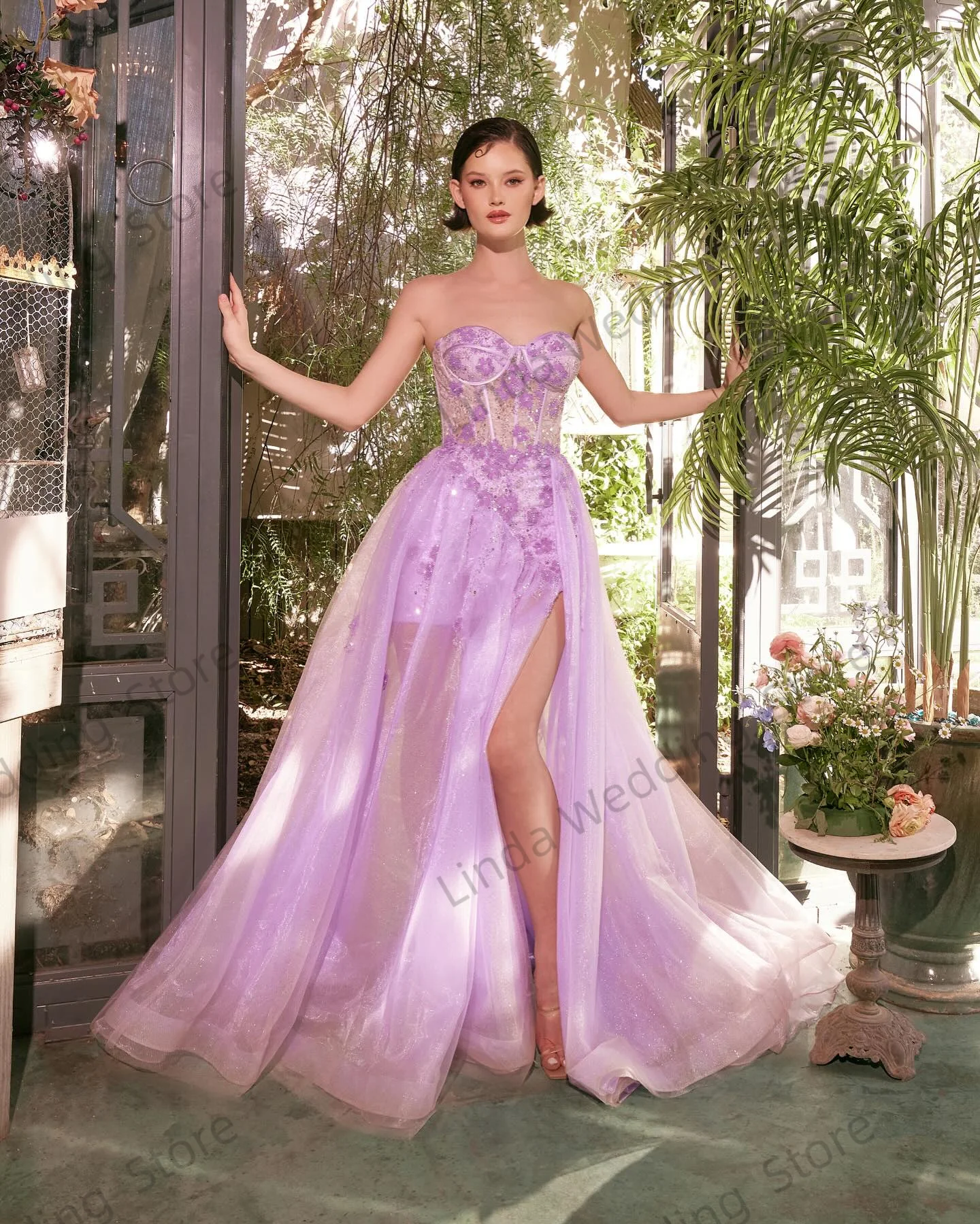 Linda Customized  Prom Dresses for Women  Illusion Purple Flowers Appliques Prom Party Gowns Sleevless Slit Vestidos de Soriee