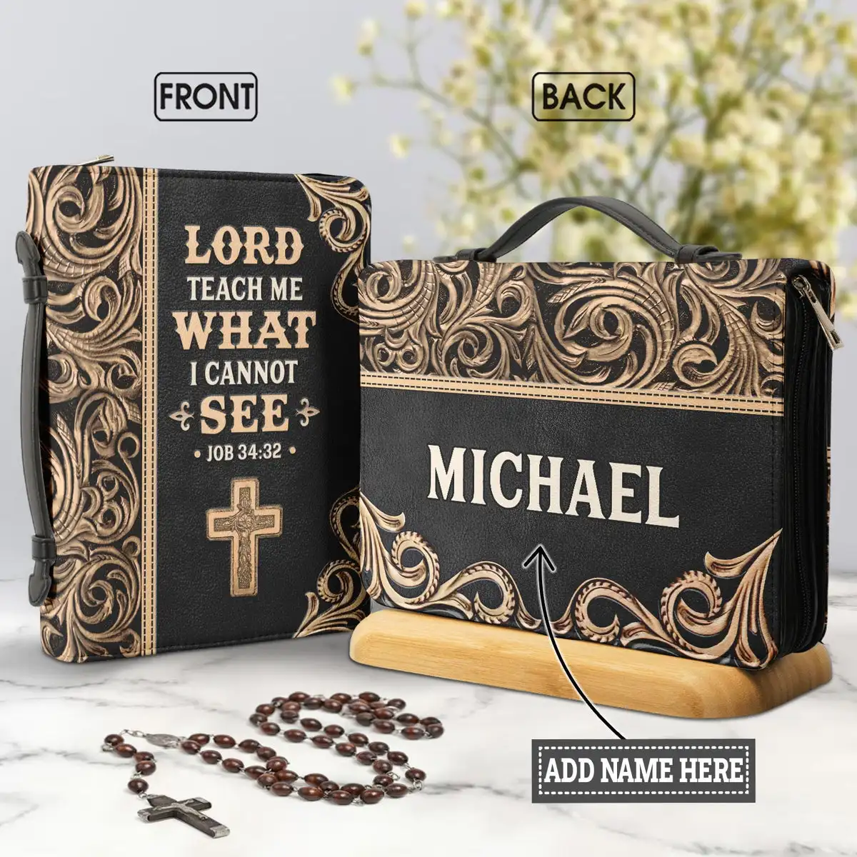 Women's Leather Bible Bag Lord Teach Me What I Cannot See Job Hymns Print Bible Cover Case For Ladies Custom Your Name Handbags