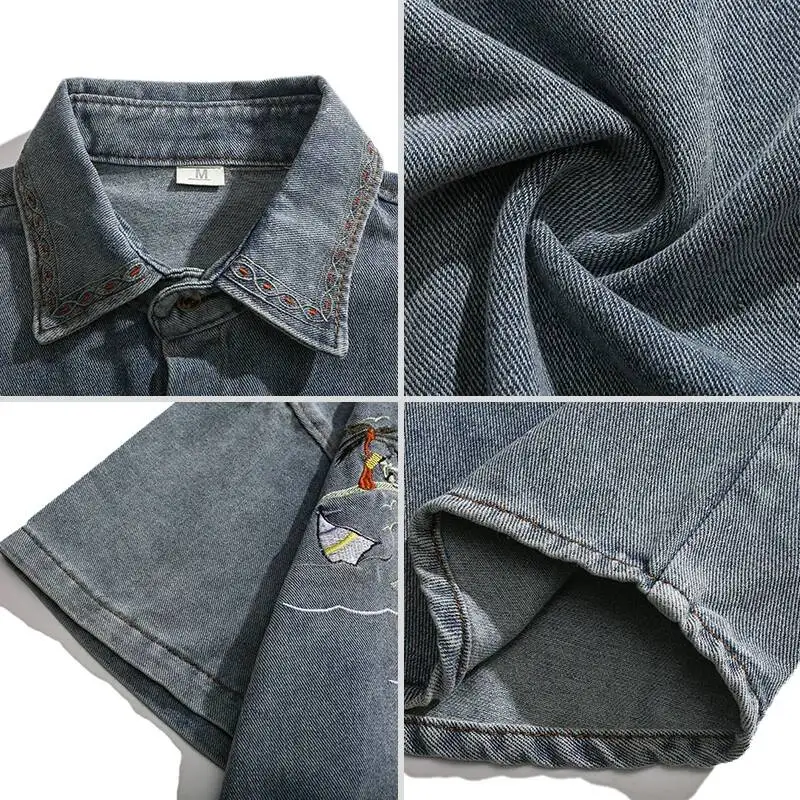 2026 New Retro Embroidered Denim Shirt Unisex Hawaii Blouse Summer Loose Workwear Coat Casual Street Outerwear Men Women Wear